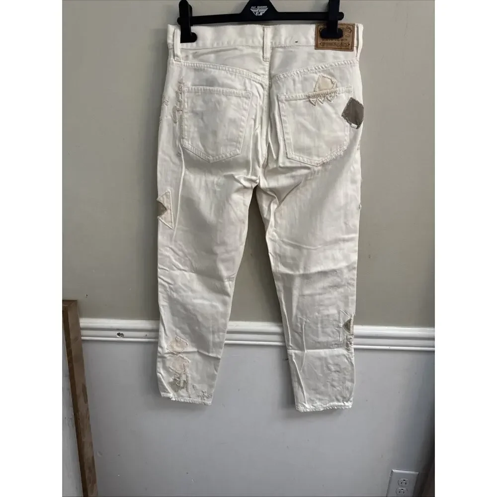 Polo Ralph Lauren Size 26 The Avery Boyfriend Patchwork Jeans‎ Ivory Cropped